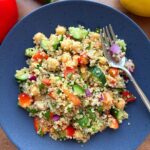 quinoa chickpea salad with cucumber, red peppers, parsley and lemon olive oil dressing