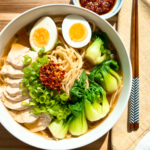 Bowl of easy chicken ramen made with Swanson® Ramen Chicken Broth, bok choy, scallions, sliced chicken, and jammy egg.
