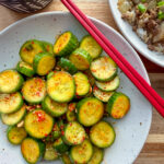 Crunchy Korean spicy cucumber salad (oi muchim) with gochugaru, garlic, scallions, and sesame