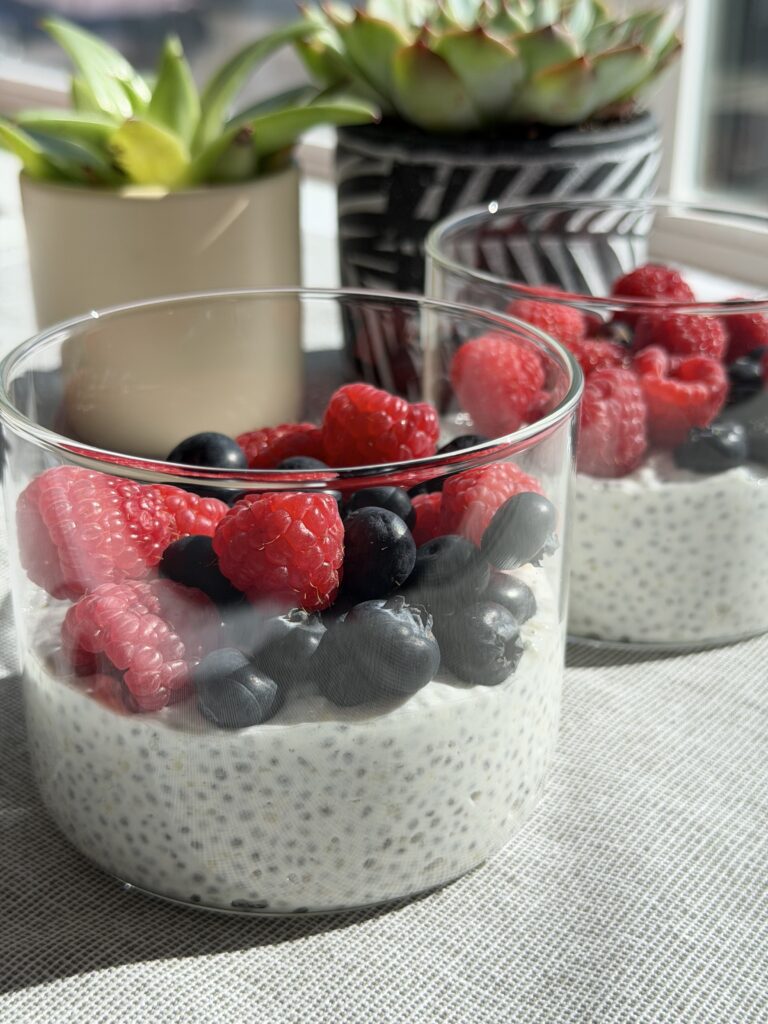 Balanced chia seed breakfast bowl with Greek yogurt, berries, and hemp hearts