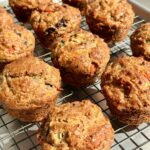 High-protein savory Mediterranean almond flour muffins with eggs, cheese, green onions, olives, and roasted peppers
