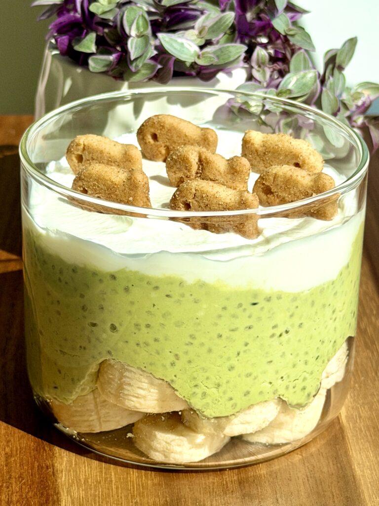 Creamy matcha cheesecake chia pudding with fruit, Greek yogurt topping, and Goldfish® Grahams Cinnamon Roll crackers